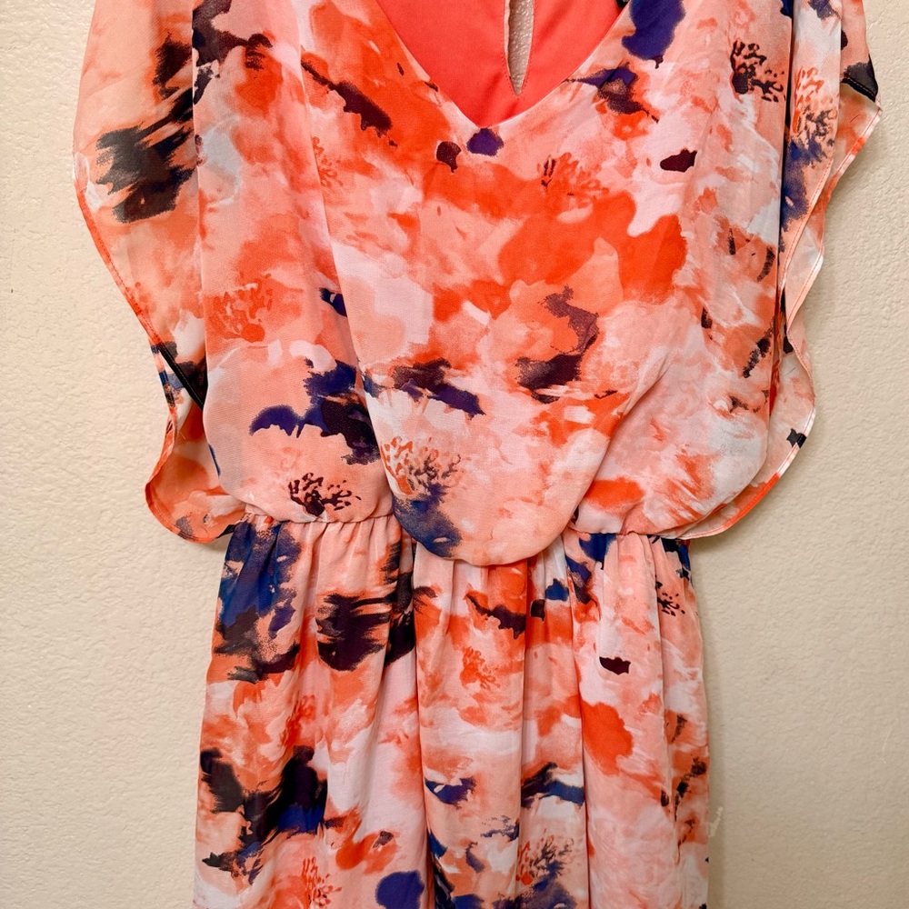 Iz Byer coral Flutter Sleeve mini flowing Sundress spring, cottagecore, abstract
